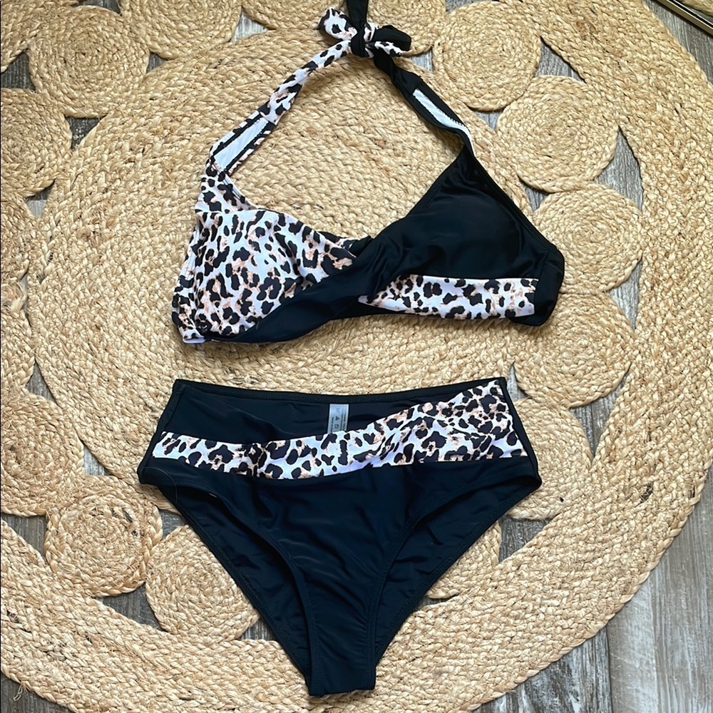Leopard Print Black Bikini Set
